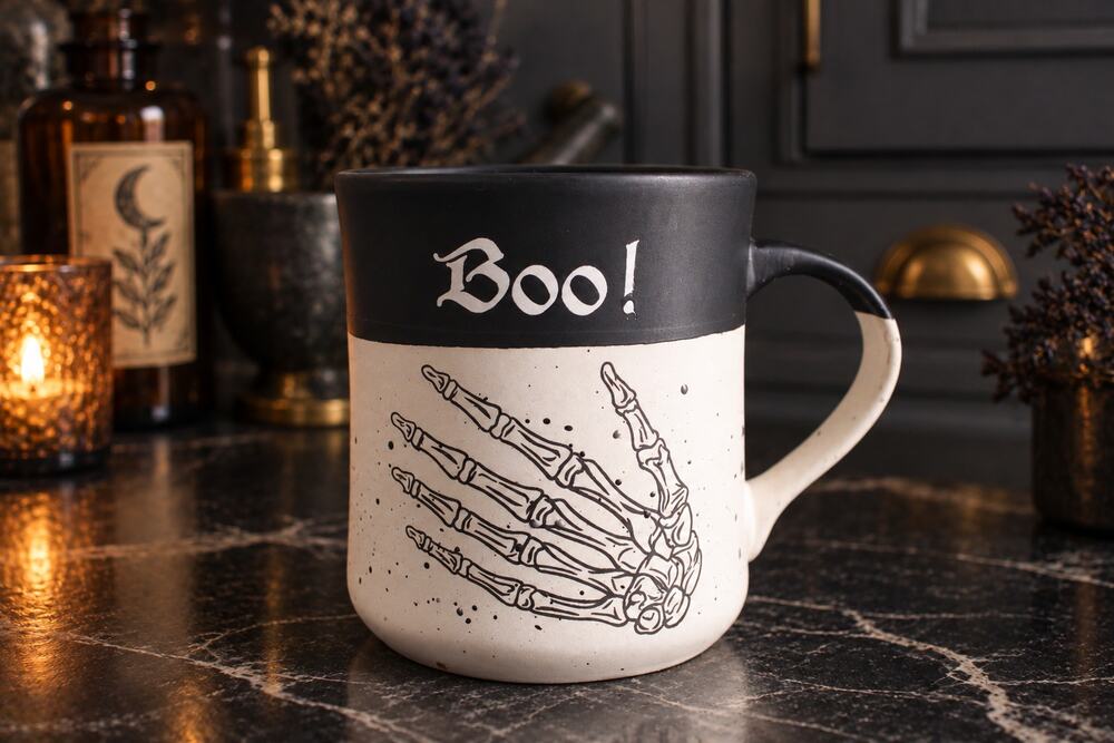 Cobwebs & Cauldrons Halloween Mug Skeleton Hand "BOO" Gothic Coffee Cup